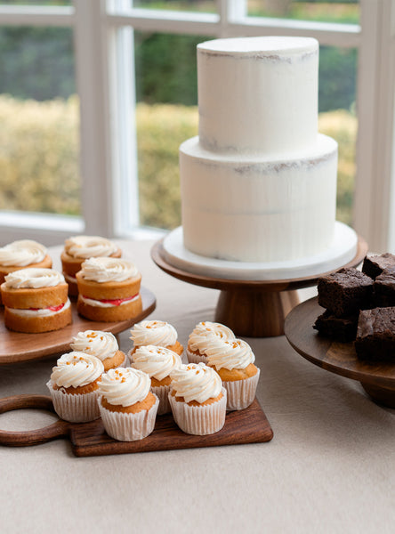 Semi-Naked Wedding Cake Dessert Table Set - 2 tier cake, cupcakes, mini cakes and brownies - Serves 65-75