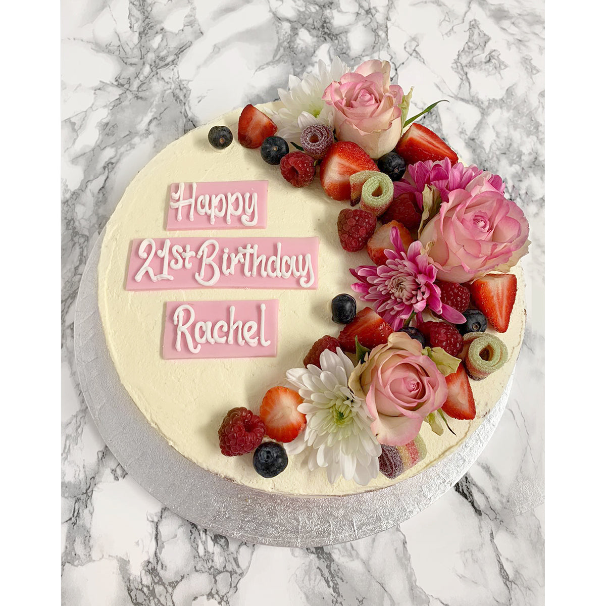 Celebration Cake with Fresh Flowers & Fruit
